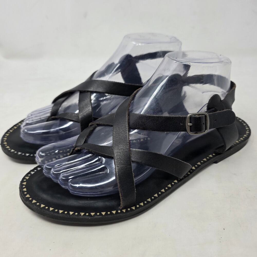 Lucky Brand Black Leather Strappy Flat Sandals Womens Size 8